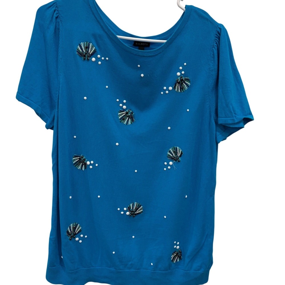 Talbots Womens Blue Beaded Seashell Short Sleeve Knit Top Sweater Large Nautical - Picture 3 of 8